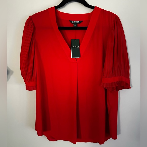 Ralph Lauren Tops - NWT Ralph Lauren Red Pleated-Sleeve Georgette Top Size L